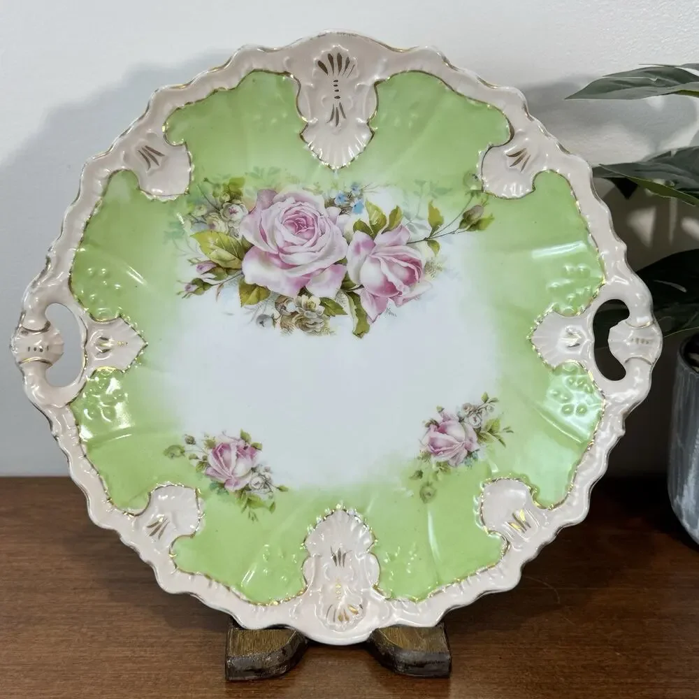 Antique Victorian Porcelain Handled Cake Plate Pink Roses Green Gold Gilt 10